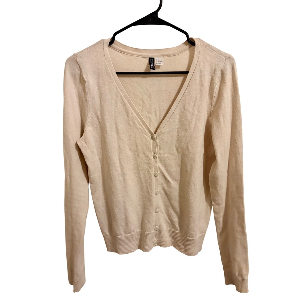 H&M Ivory Button Front V-Neck Cardigan Sweater Cotton Blend Size 10 - Picture 2 of 8